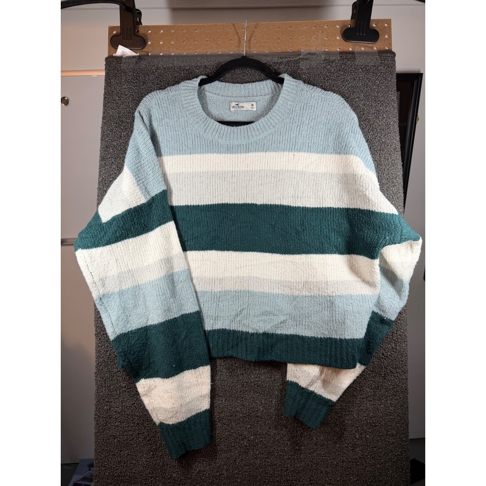 Hollister Striped Sweater Womens Medium Blue Green Crew Neck Cropped Knit